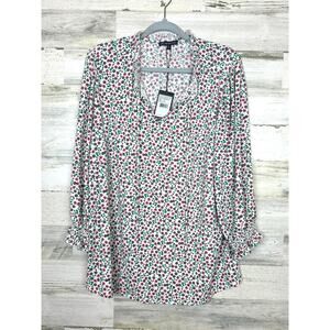 Adrianna Papell Women’s 2X White Floral Ruffle Tie Neck 3/4 Sleeve Blouse NEW